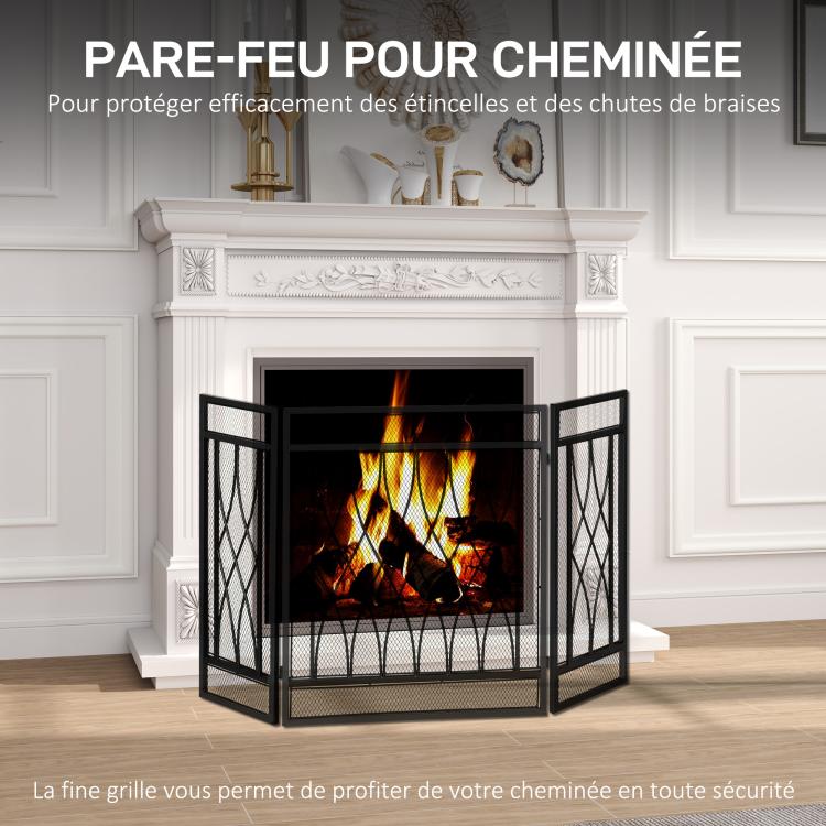 Fireplace Protection Screen – Wide Fire Guard for Fireplace or Stove – Spark Guard – Safety Barrier – 3-Panel Folding Design – Black Metal