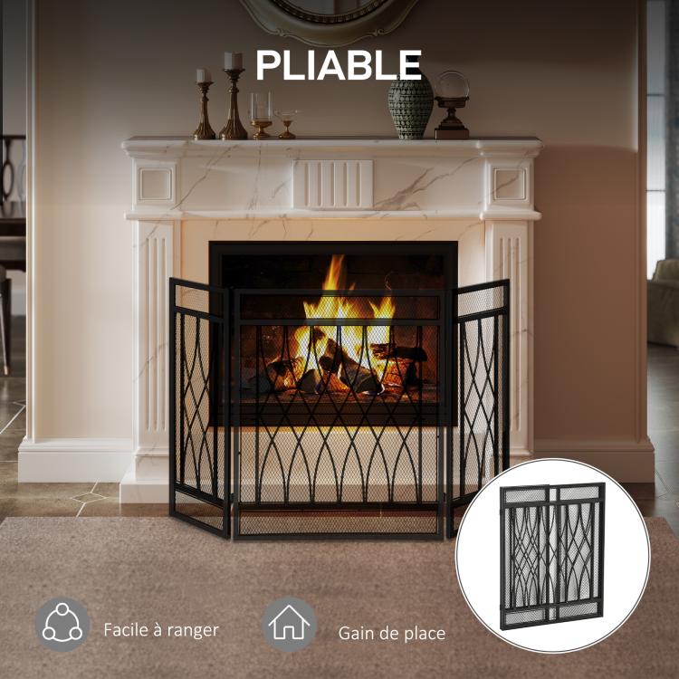 Fireplace Protection Screen – Wide Fire Guard for Fireplace or Stove – Spark Guard – Safety Barrier – 3-Panel Folding Design – Black Metal