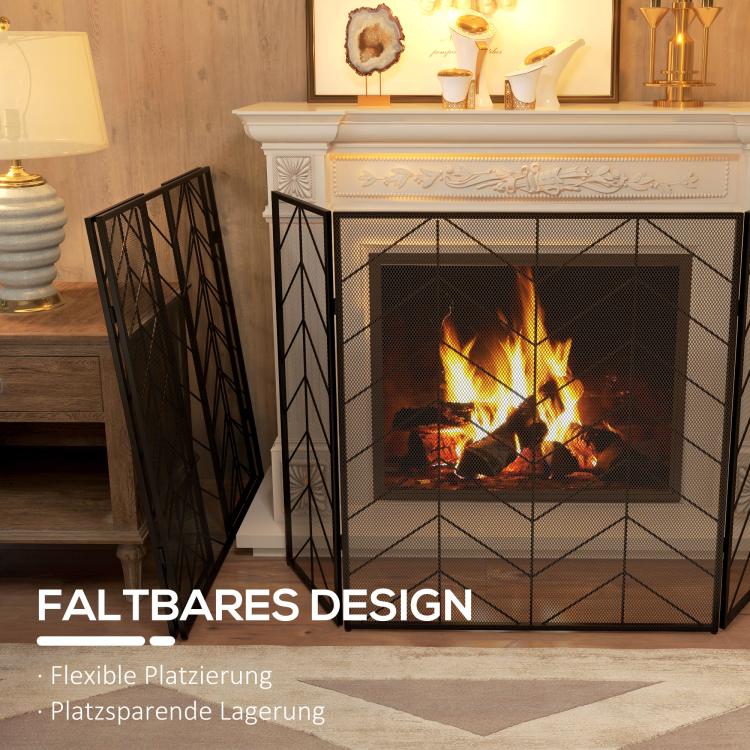 Fireplace spark guard, elegant spark catcher, foldable, coated, black, 135 x 85 cm