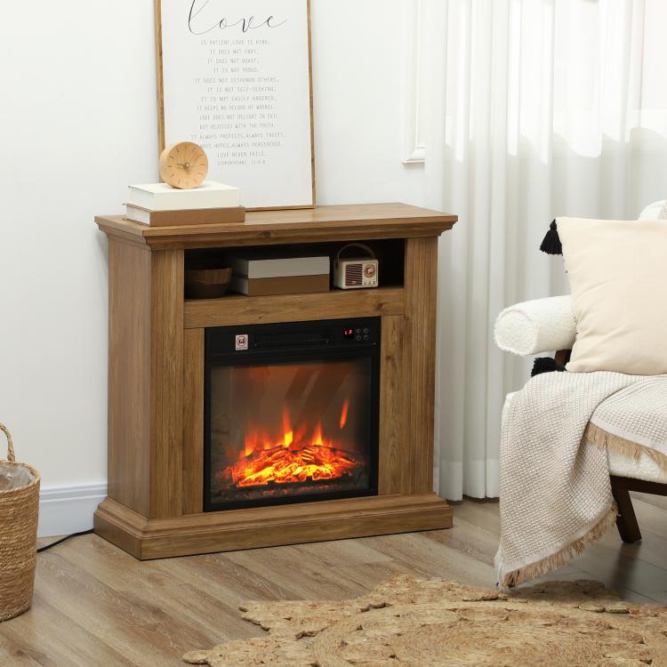 1800W Electric Fireplace with 3D Flame, Timer, and Remote Control – Wood, Metal, and Glass – 81.5 x 30 x 76.2 cm – Brown