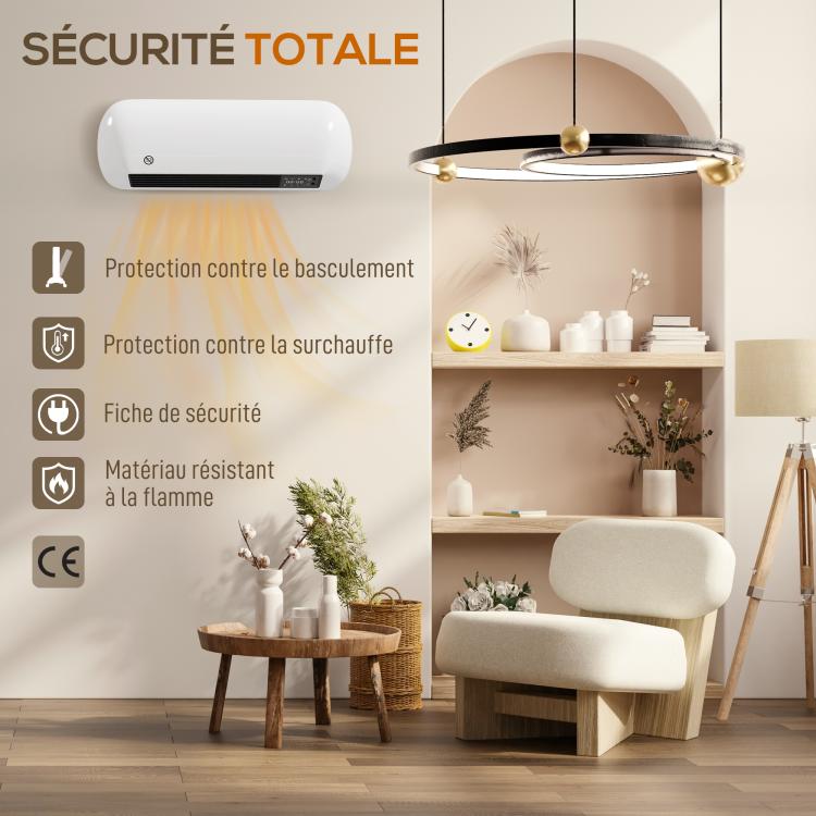 1000/2000W ceramic wall heater, electric radiator, fan, thermostat, timer, 50x19x14cm, white