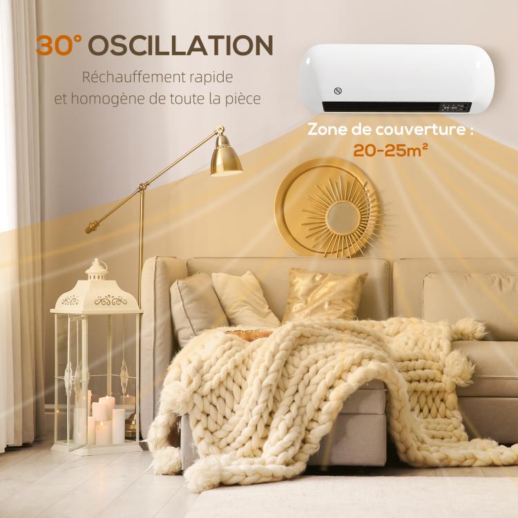 1000/2000W ceramic wall heater, electric radiator, fan, thermostat, timer, 50x19x14cm, white
