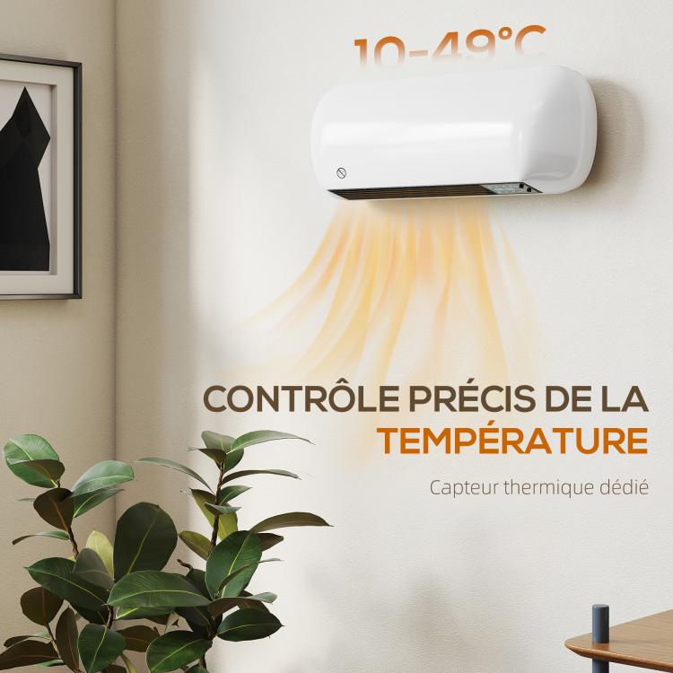 1000/2000W ceramic wall heater, electric radiator, fan, thermostat, timer, 50x19x14cm, white