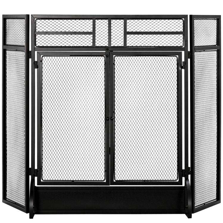 Fireplace spark screen, fire guard, safety barrier with 3 folding panels and door, 120 x 79 cm