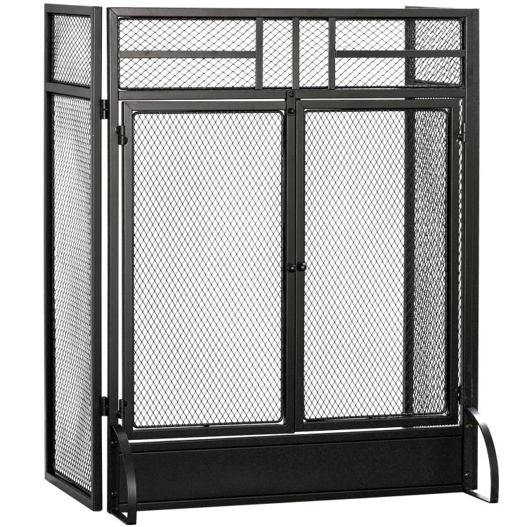 Fireplace spark screen, fire guard, safety barrier with 3 folding panels and door, 120 x 79 cm