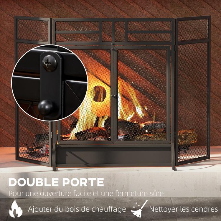 Fireplace spark screen, fire guard, safety barrier with 3 folding panels and door, 120 x 79 cm