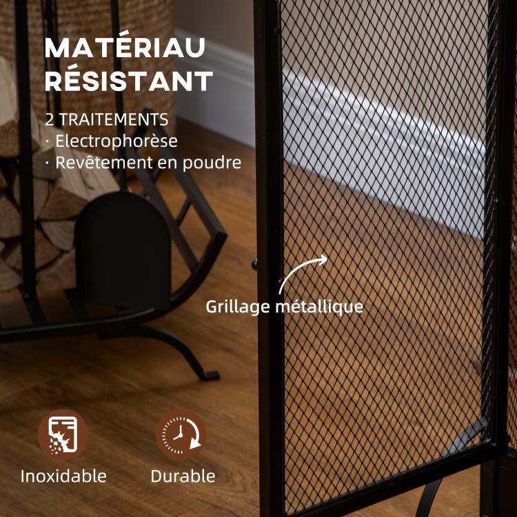 Fireplace spark screen, fire guard, safety barrier with 3 folding panels and door, 120 x 79 cm