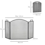 Fireplace or Stove Screen – 3-Panel Folding Spark Guard – Dim. 110W x 24D x 76.5H cm – Black Steel