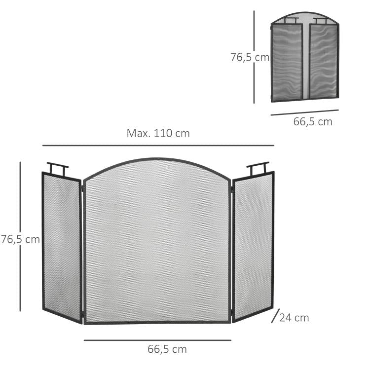 Fireplace or Stove Screen – 3-Panel Folding Spark Guard – Dim. 110W x 24D x 76.5H cm – Black Steel