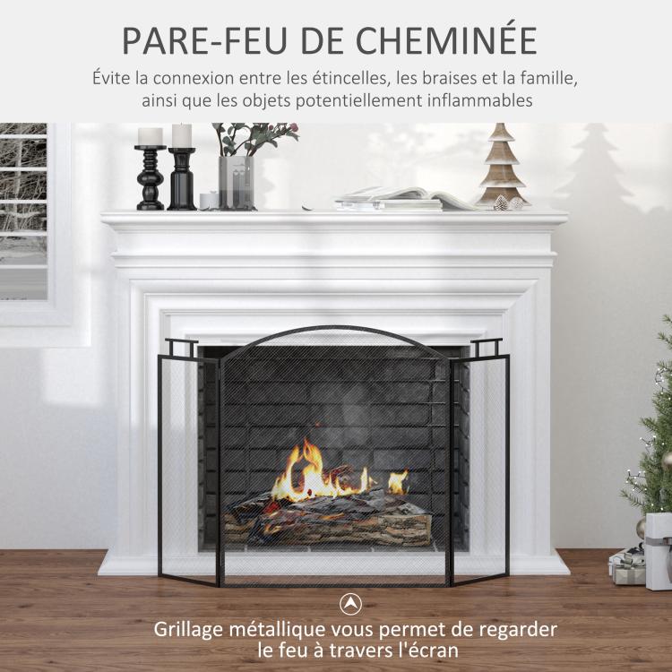 Fireplace or Stove Screen – 3-Panel Folding Spark Guard – Dim. 110W x 24D x 76.5H cm – Black Steel