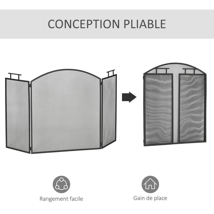 Fireplace or Stove Screen – 3-Panel Folding Spark Guard – Dim. 110W x 24D x 76.5H cm – Black Steel