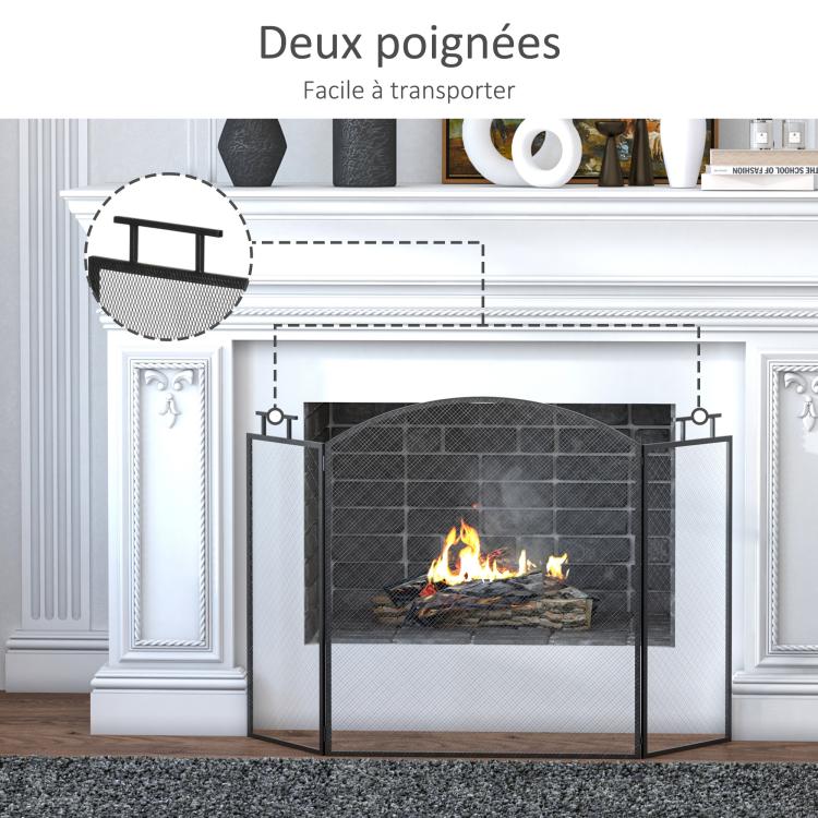 Fireplace or Stove Screen – 3-Panel Folding Spark Guard – Dim. 110W x 24D x 76.5H cm – Black Steel