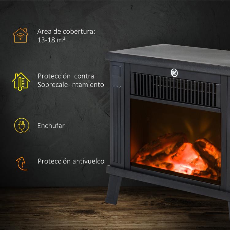 Decorative fireplace with flame effect and overheat protection for 13–18 square meter rooms, 34x17x31 cm, black.