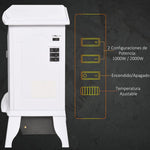 Decorative fireplace with adjustable thermostat and overheat protection for 20–25 m2 rooms, 36.5 x 24 x 45.5 cm, white.