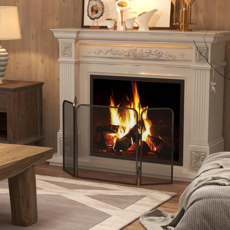 Folding metal fireplace spark guard, 96 x 1.3 x 56 cm, black