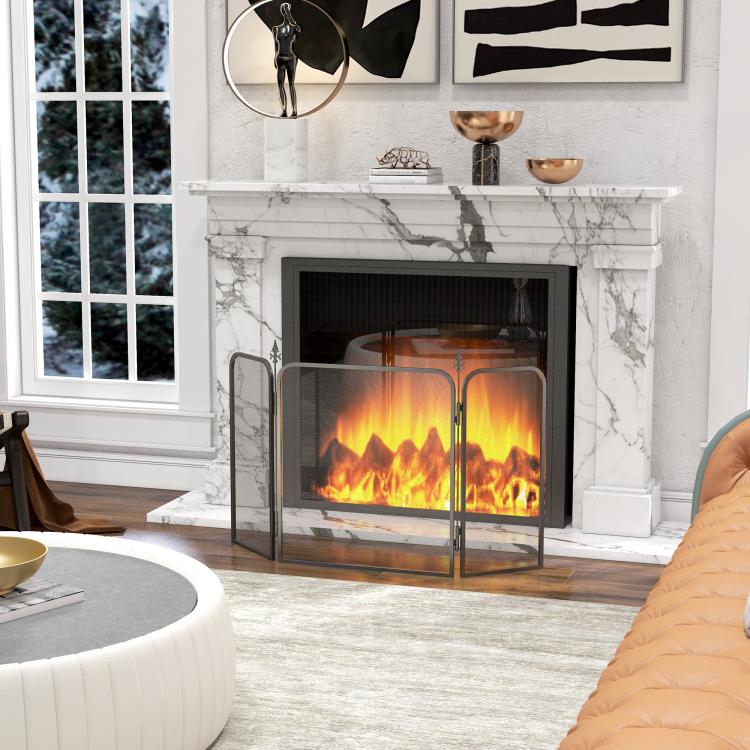 Folding metal fireplace spark guard, 96 x 1.3 x 56 cm, black