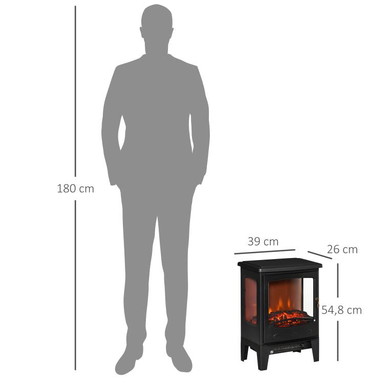 900W/1800W Electric Fireplace with Flame Effect, Adjustable Temperature, and Overheat Protection – Black