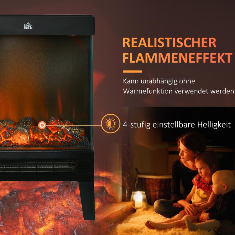 Electric fireplace, 2000 W, freestanding fireplace with heater and LED 3D flame effect, 4 brightness levels, electric fireplace with thermostat, overheat protection, black
