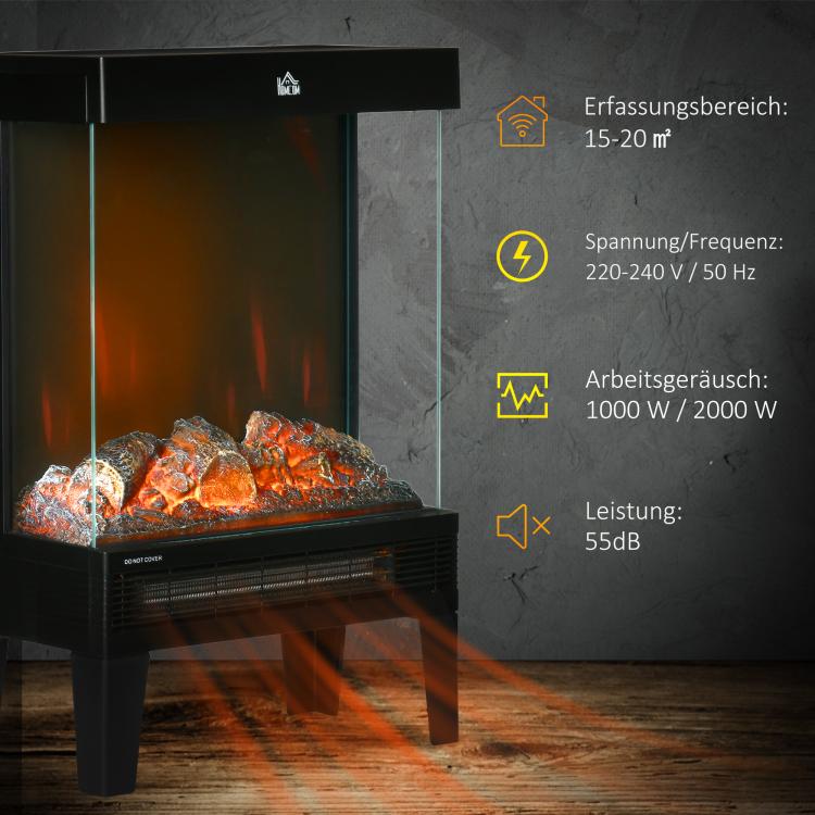 Electric fireplace, 2000 W, freestanding fireplace with heater and LED 3D flame effect, 4 brightness levels, electric fireplace with thermostat, overheat protection, black