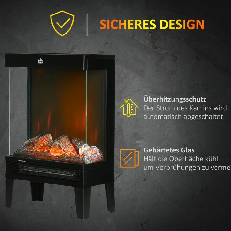 Electric fireplace, 2000 W, freestanding fireplace with heater and LED 3D flame effect, 4 brightness levels, electric fireplace with thermostat, overheat protection, black