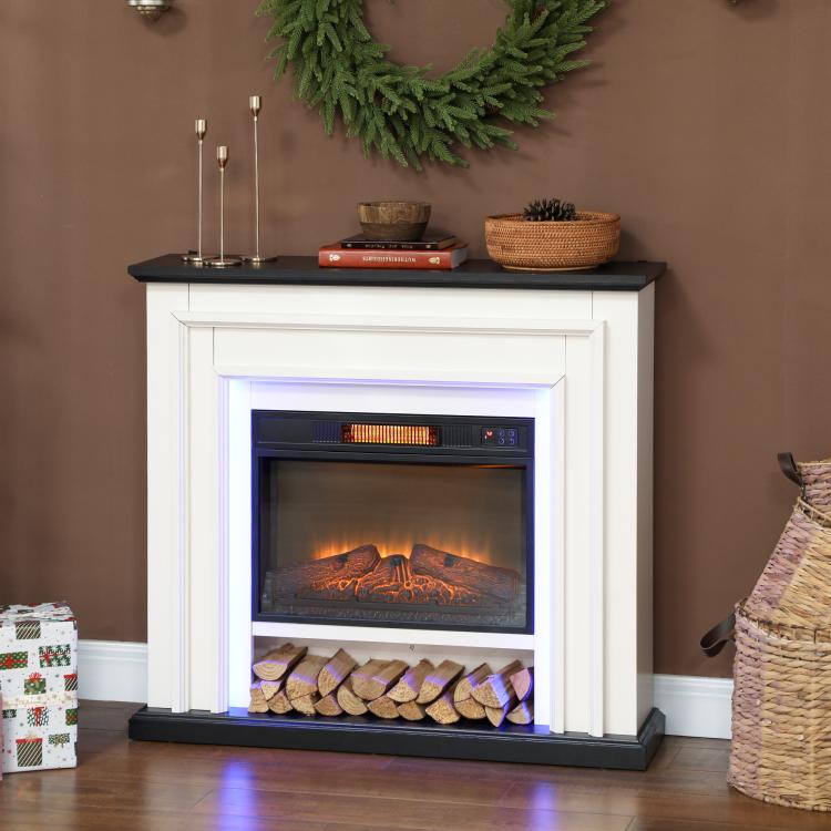 1800W electric fireplace, decorative faux fireplace with RGB LED lights, flame effect, mantel, 105 x 27 x 97 cm, black