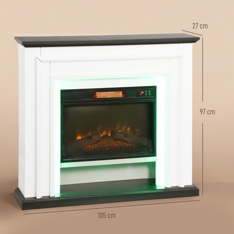 1800W electric fireplace, decorative faux fireplace with RGB LED lights, flame effect, mantel, 105 x 27 x 97 cm, black