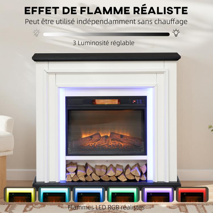 1800W electric fireplace, decorative faux fireplace with RGB LED lights, flame effect, mantel, 105 x 27 x 97 cm, black