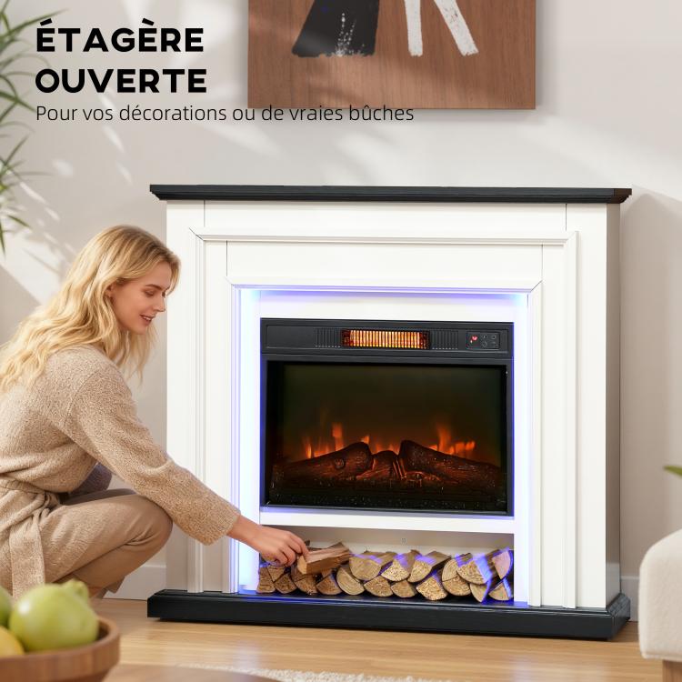 1800W electric fireplace, decorative faux fireplace with RGB LED lights, flame effect, mantel, 105 x 27 x 97 cm, black