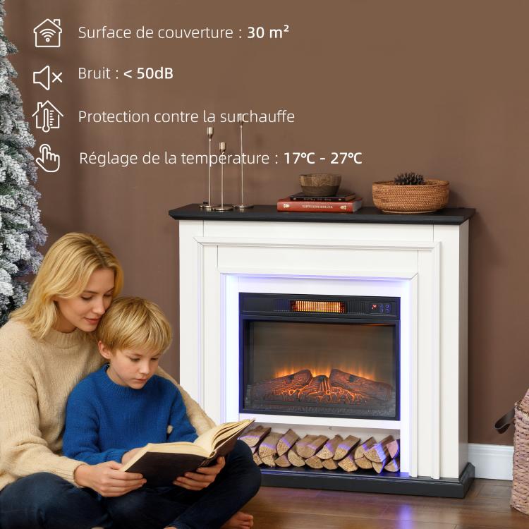 1800W electric fireplace, decorative faux fireplace with RGB LED lights, flame effect, mantel, 105 x 27 x 97 cm, black