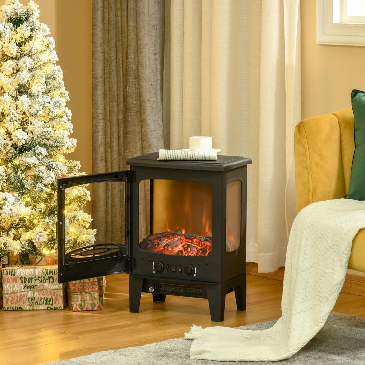Neo-retro style electric stove fireplace, 900–1800 W, LED flame simulation with adjustable brightness, steel and ABS, black.