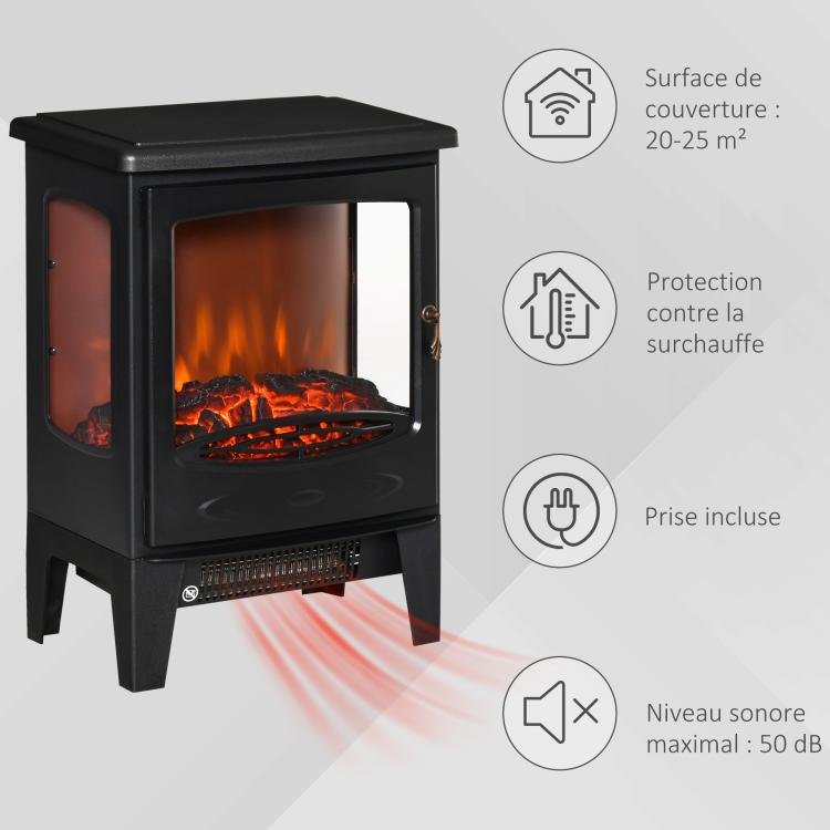 Neo-retro style electric stove fireplace, 900–1800 W, LED flame simulation with adjustable brightness, steel and ABS, black.