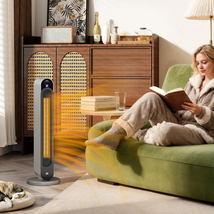 1100/2200W Ceramic Tower Heater with Remote, LED Display, Timer, and Oscillation –  Diameter25 x 73.5 cm – Silver and Black