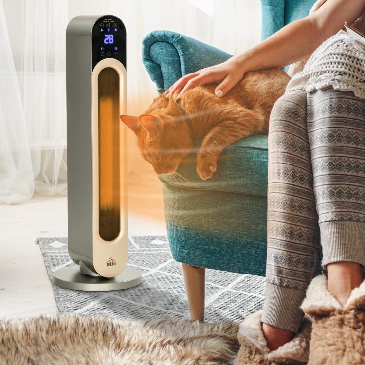 1100/2200W Ceramic Tower Heater with Remote Control, LED Display, Timer, and Oscillation –  Diameter25 x 73.5 cm – Silver