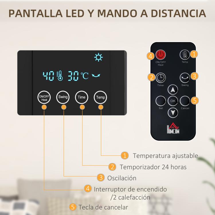 1000W/2000W Wall-Mounted Electric Heater with LED Display and Remote Control – Black (54.5 x 12 x 21.5 cm)