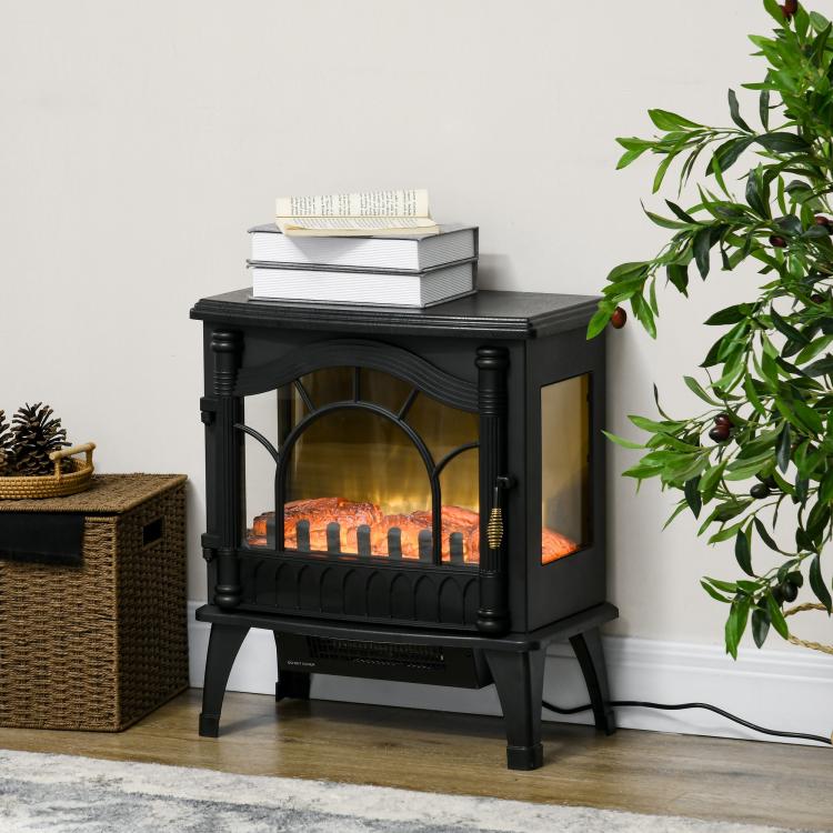 1000W/2000W Electric Fireplace with Adjustable Temperature and Overheat Protection, 55x31x58 cm, Black