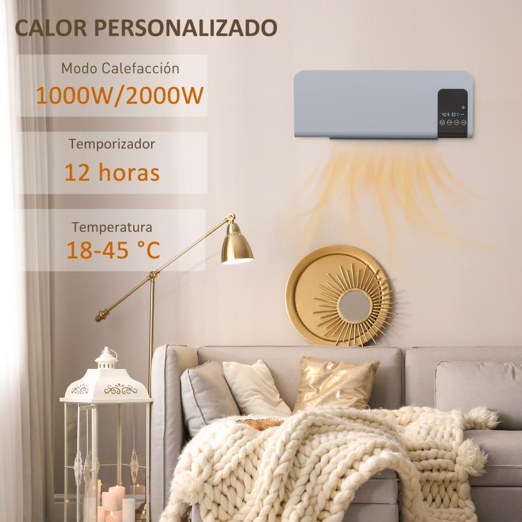 1000W/2000W Wall-Mounted Electric Heater with LED Display and Remote Control – Grey (54.5 x 12 x 21.5 cm)