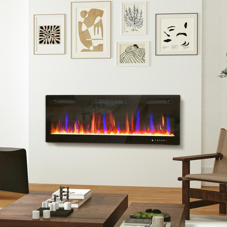 Wall-mounted or recessed electric fireplace, 900W/1800W, 12-color flame effect, 5 brightness levels, 127 x 9.4 x 47 cm, black