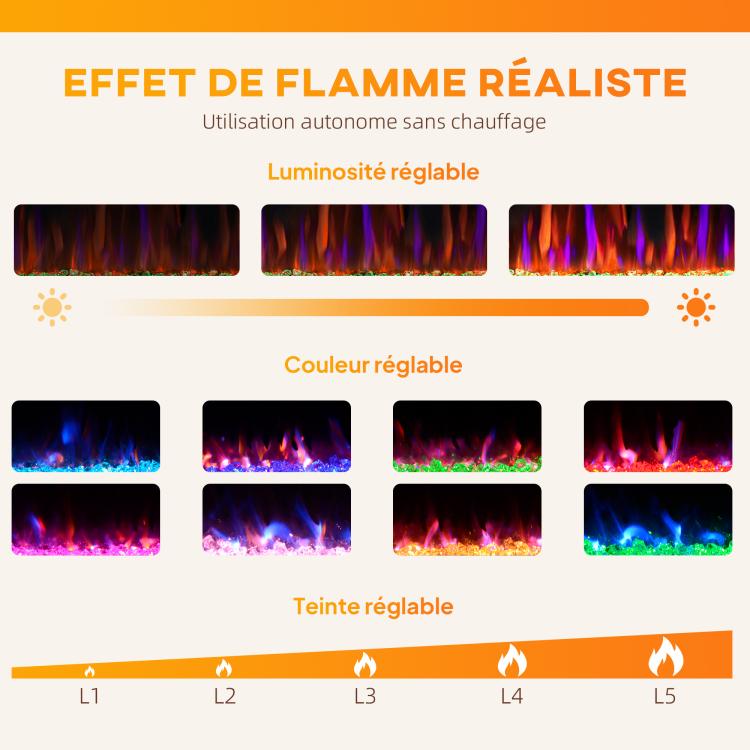 Wall-mounted or recessed electric fireplace, 900W/1800W, 12-color flame effect, 5 brightness levels, 127 x 9.4 x 47 cm, black