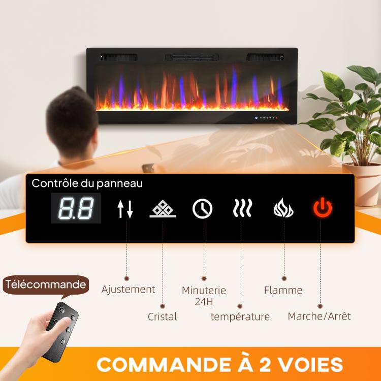 Wall-mounted or recessed electric fireplace, 900W/1800W, 12-color flame effect, 5 brightness levels, 127 x 9.4 x 47 cm, black