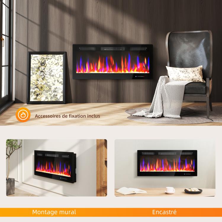 Wall-mounted or recessed electric fireplace, 900W/1800W, 12-color flame effect, 5 brightness levels, 106.7 x 9.4 x 47 cm, black