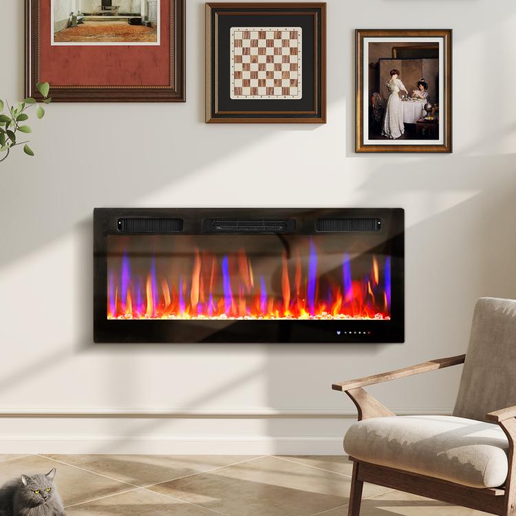 Wall-mounted or recessed electric fireplace, 900W/1800W, 12-color flame effect, 5 brightness levels, 106.7 x 9.4 x 47 cm, black
