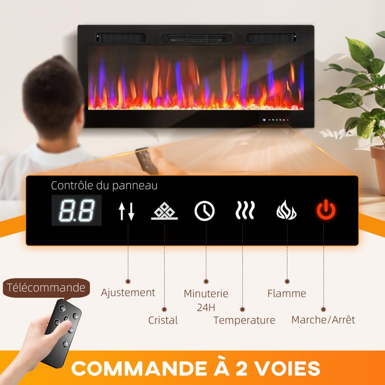 Wall-mounted or recessed electric fireplace, 900W/1800W, 12-color flame effect, 5 brightness levels, 106.7 x 9.4 x 47 cm, black
