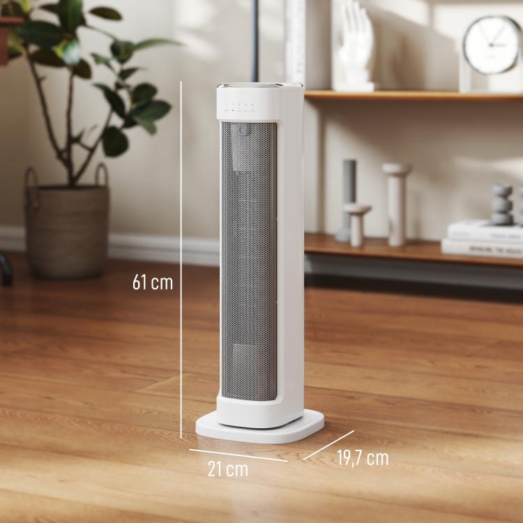 PTC ceramic space heater, 2000W electric heater with adjustable thermostat and timer, 21 x 19.7 x 61 cm, white