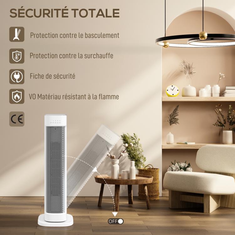 PTC ceramic space heater, 2000W electric heater with adjustable thermostat and timer, 21 x 19.7 x 61 cm, white
