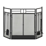 Wide Fireplace or Stove Screen – 2-in-1 Spark Guard with Accessories – 3-Panel Folding Design with Door – Black Steel