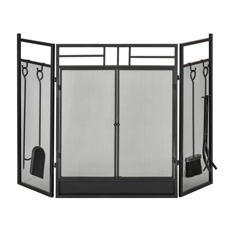 Wide Fireplace or Stove Screen – 2-in-1 Spark Guard with Accessories – 3-Panel Folding Design with Door – Black Steel