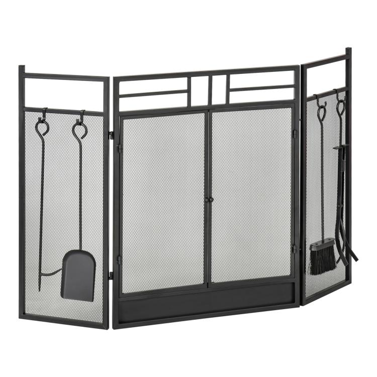 Wide Fireplace or Stove Screen – 2-in-1 Spark Guard with Accessories – 3-Panel Folding Design with Door – Black Steel