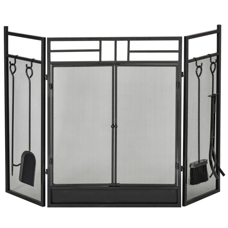 Wide Fireplace or Stove Screen – 2-in-1 Spark Guard with Accessories – 3-Panel Folding Design with Door – Black Steel