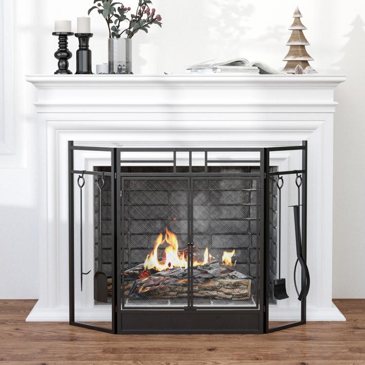 Wide Fireplace or Stove Screen – 2-in-1 Spark Guard with Accessories – 3-Panel Folding Design with Door – Black Steel