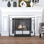 Wide Fireplace or Stove Screen – 2-in-1 Spark Guard with Accessories – 3-Panel Folding Design with Door – Black Steel